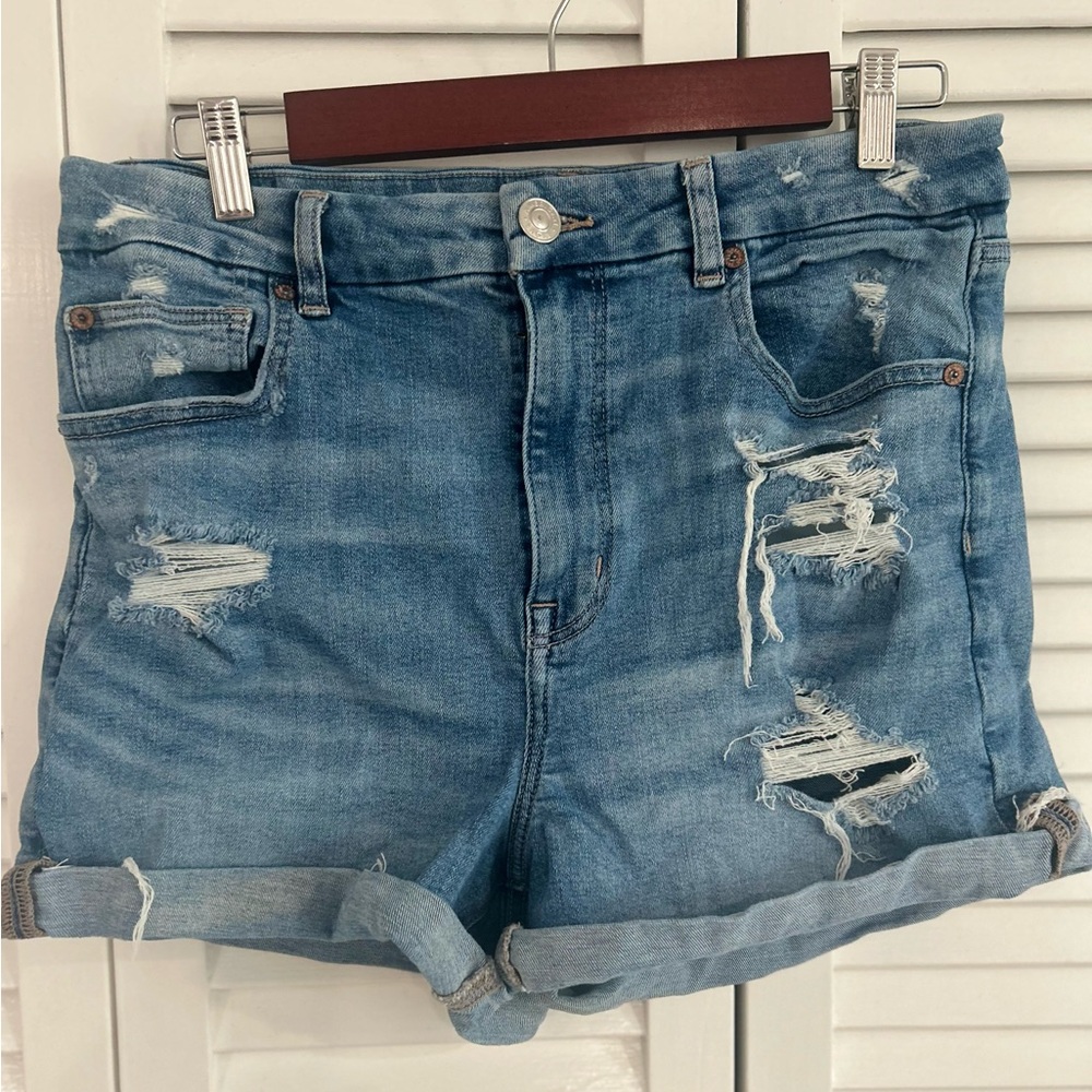 American Eagle Outfitters Distressed Curvy Hi Rise Shortie Jean Shorts size 12 - Picture 2 of 7